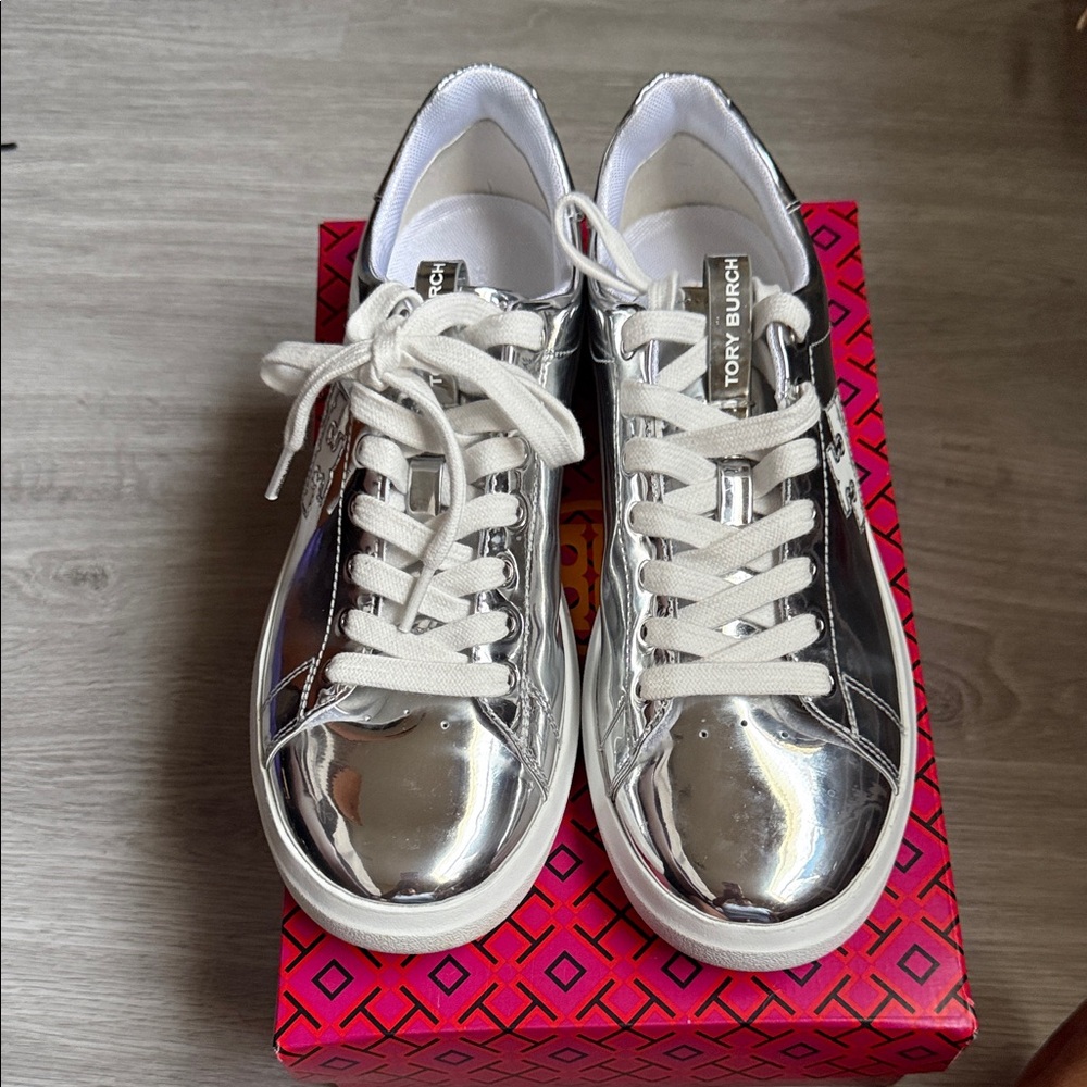 Tory Burch Metallic Silver Lace-Up Sneakers